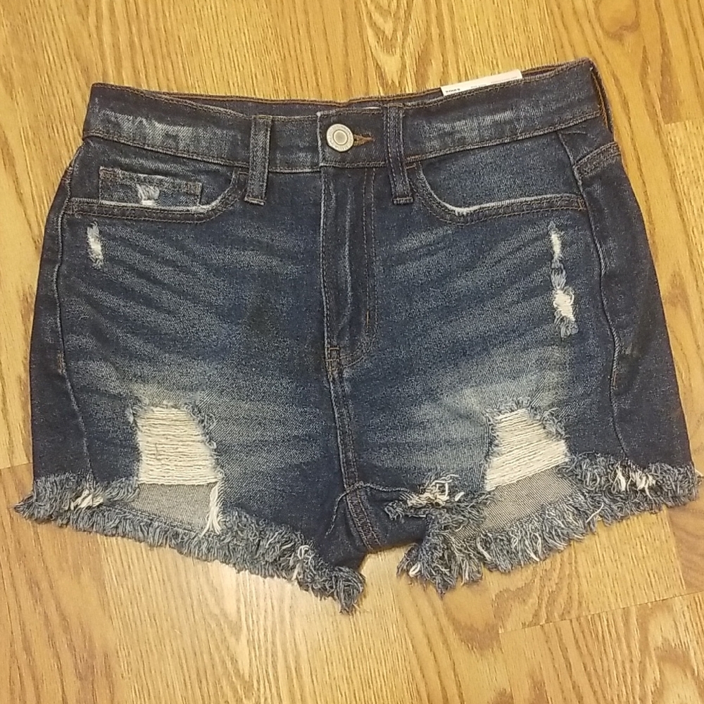 SO Vintage Stretch High Rise Dark Blue Distressed Jean Mom Shorts 3/26W